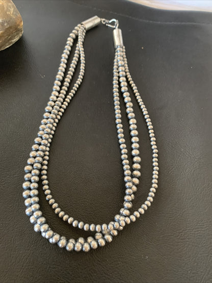 Native American 4, 5, 5 mm Sterling Silver Navajo Pearls 3 Strand 18” Necklace