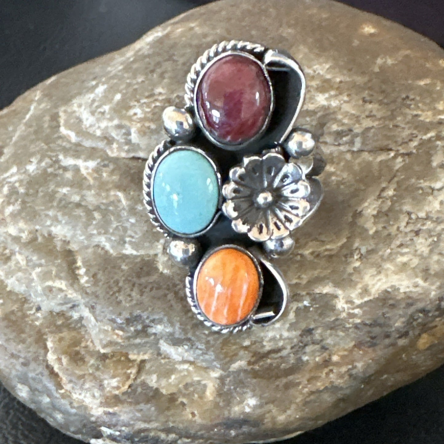 Multicolor Ring Turquoise Spiny Navajo Sterling Silver Cluster Size 8 19165