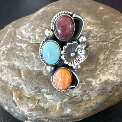 Multicolor Ring Turquoise Spiny Navajo Sterling Silver Cluster Size 8 19165