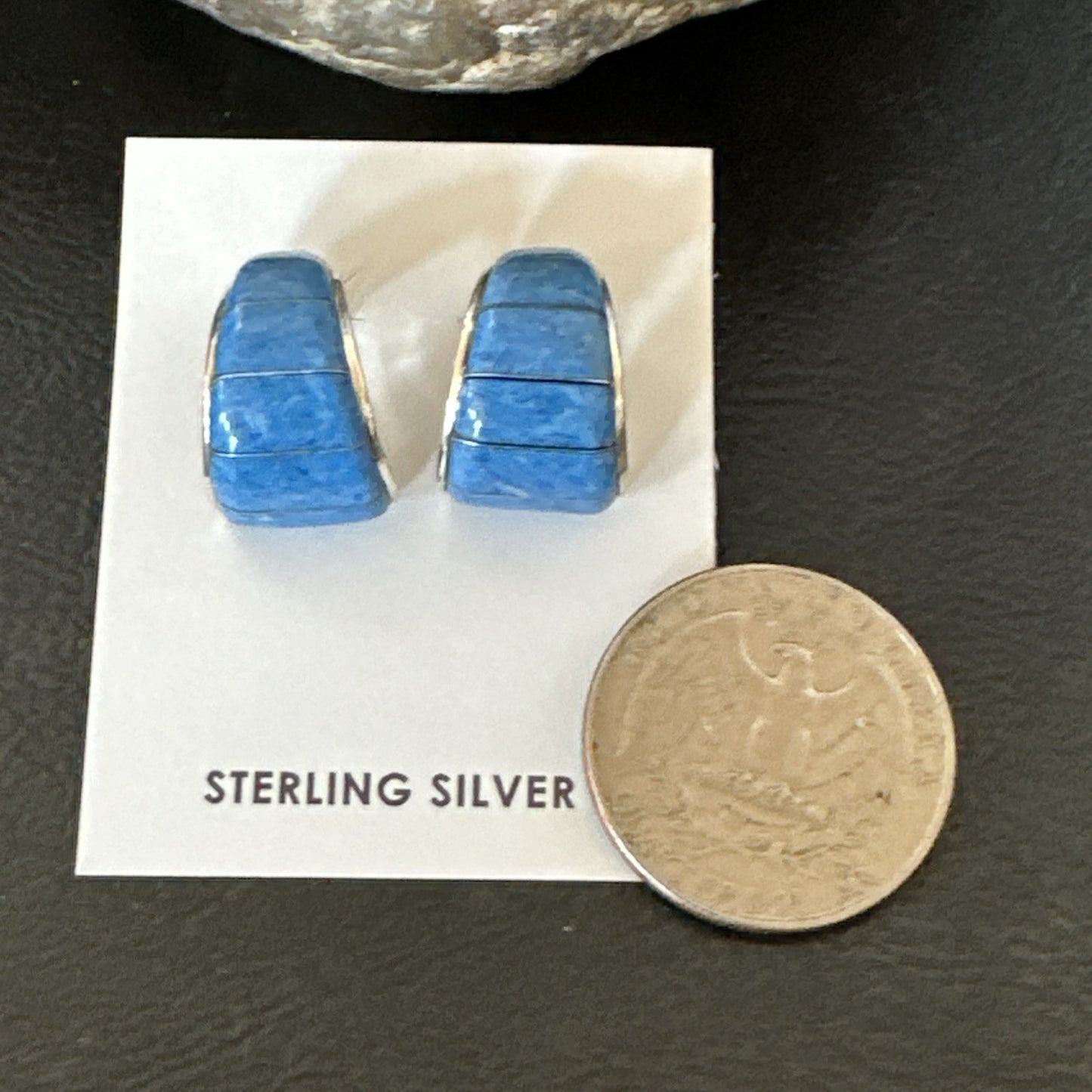 Southwestern Sterling Silver Blue  Denim Lapis Stud Inlay Earrings 1” 19268