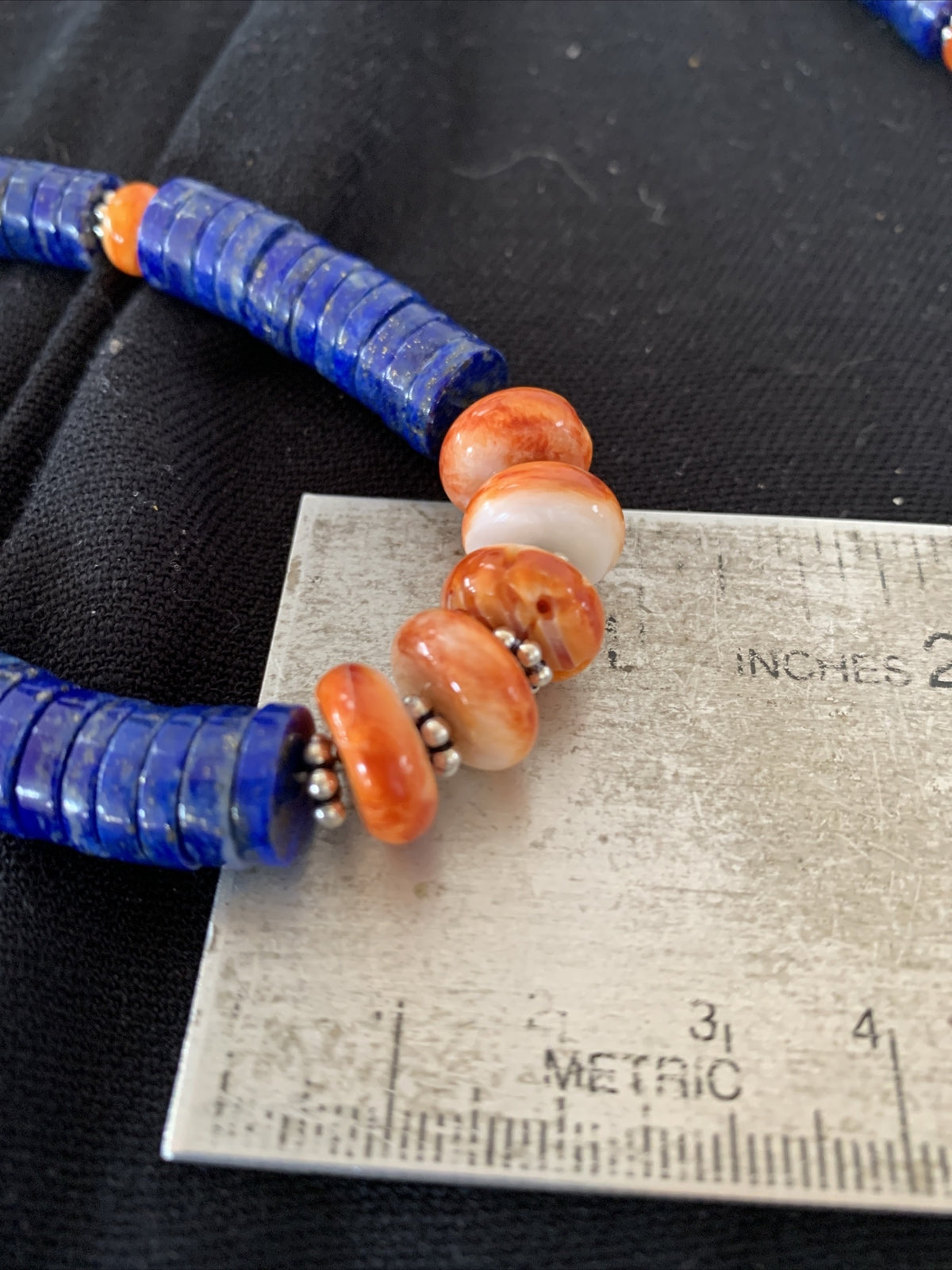 Mens Navajo Sterling Silver Navy Blue Lapis Orange Spiny Oyster Necklace 00929