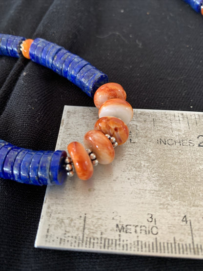 Mens Navajo Sterling Silver Navy Blue Lapis Orange Spiny Oyster Necklace 00929