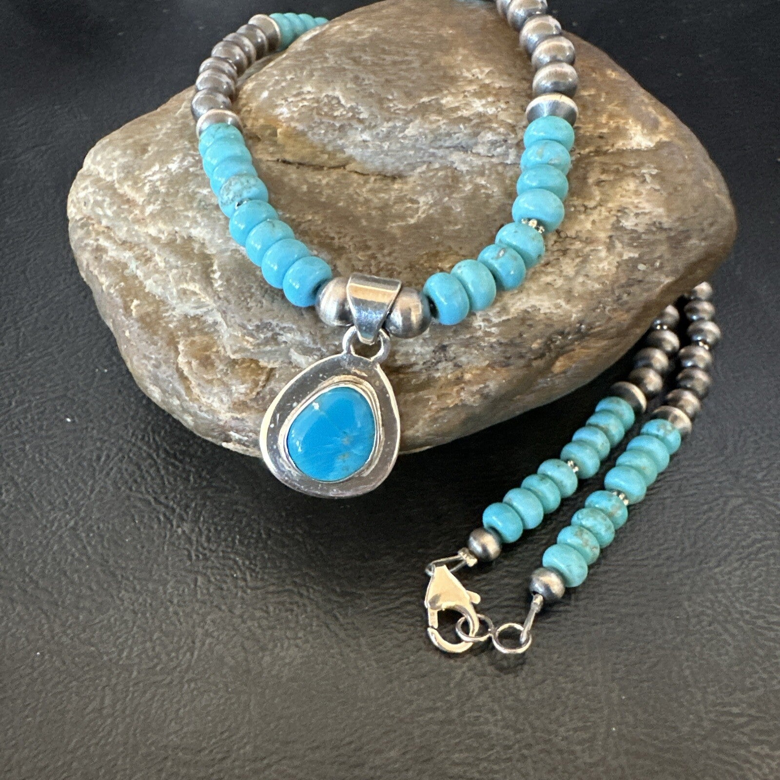 WoMens Blue Kingman Turquoise Pendant Navajo Sterling Silver Necklace 21" 18426