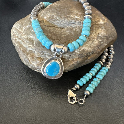 WoMens Blue Kingman Turquoise Pendant Navajo Sterling Silver Necklace 21" 18426