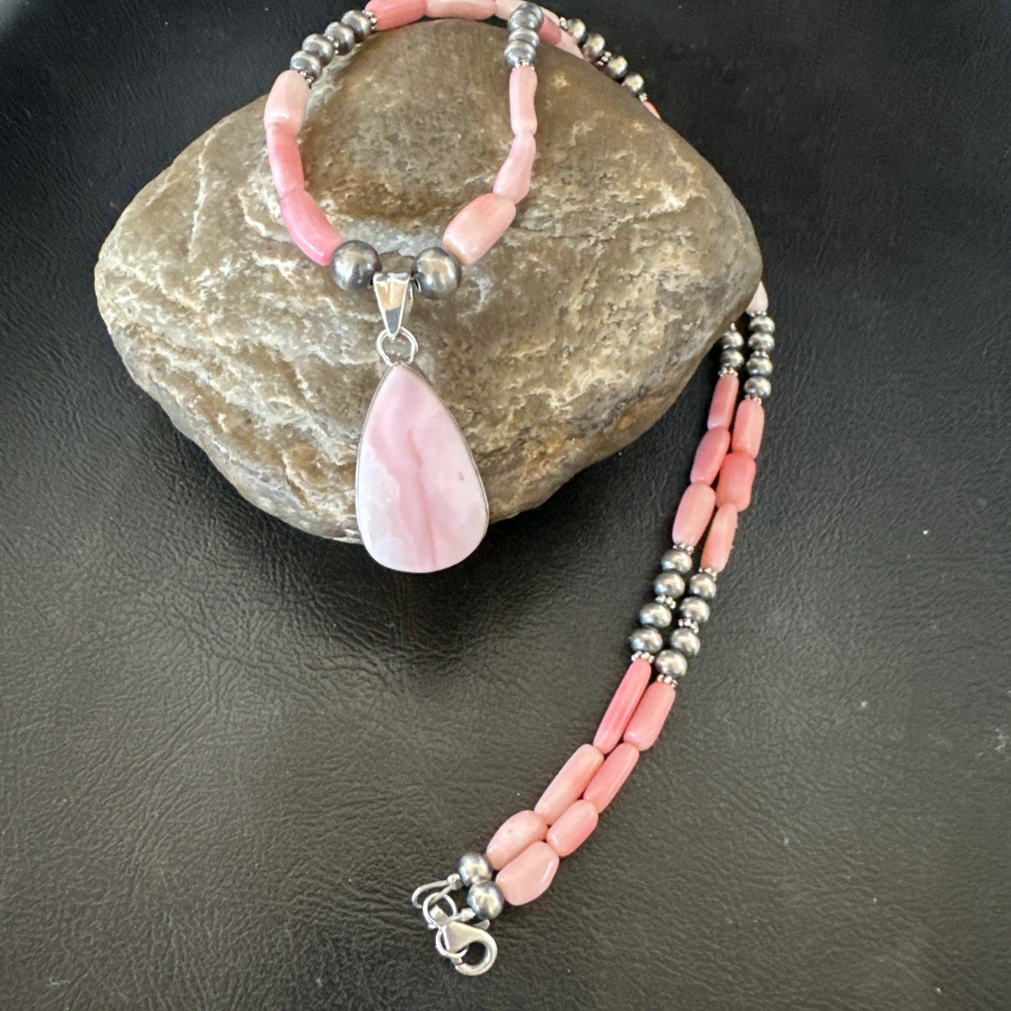 Southwestern Sterling Silver Pink Coral Bead Necklace Quartz Pendant 24" 19590