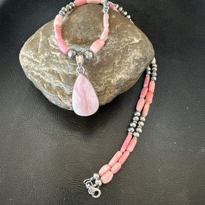 Southwestern Sterling Silver Pink Coral Bead Necklace Quartz Pendant 24" 19590