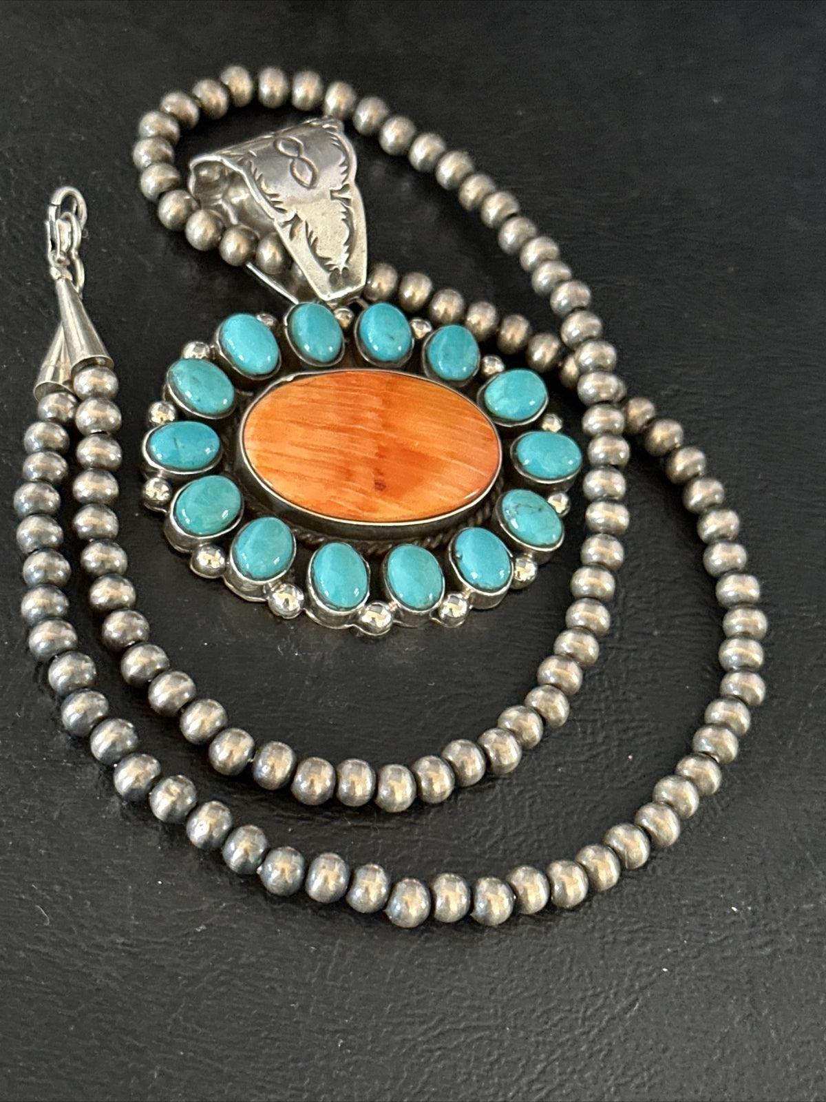Kingman Turquoise & Spiny Oyster Cluster Pendant Sterling Silver Necklace 14277