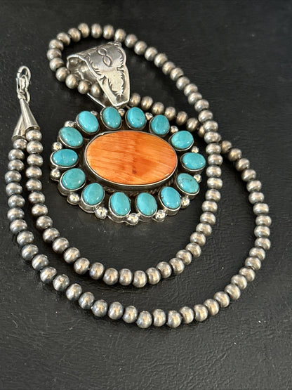Kingman Turquoise & Spiny Oyster Cluster Pendant Sterling Silver Necklace 14277
