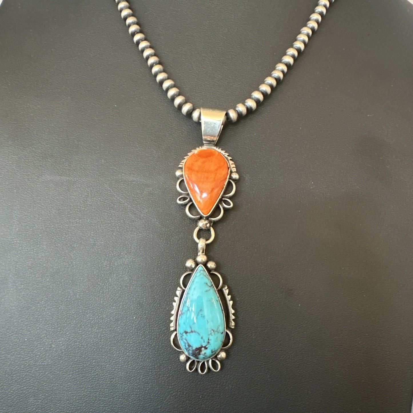 Multicolor Turquoise Spiny Navajo Sterling Silver Cluster Pendant Necklace 19558