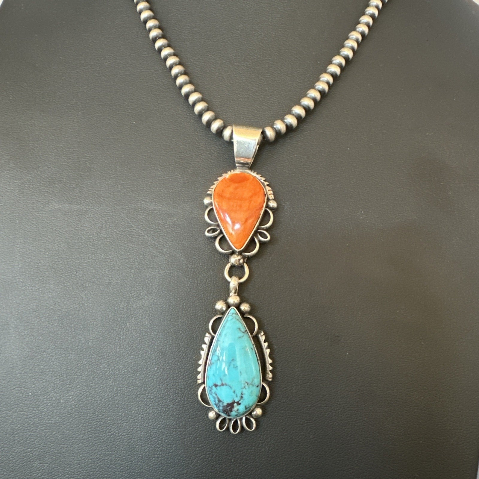 Multicolor Turquoise Spiny Navajo Sterling Silver Cluster Pendant Necklace 19558