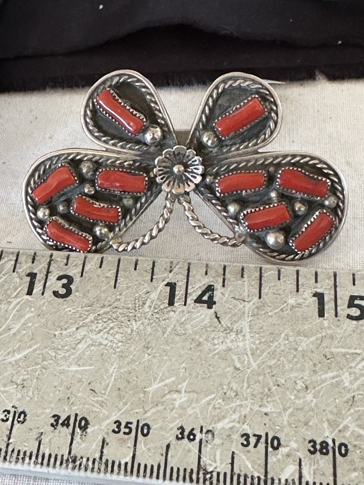 Red Coral Butterfly Sterling Silver Cluster Navajo Ring Size 8 00987