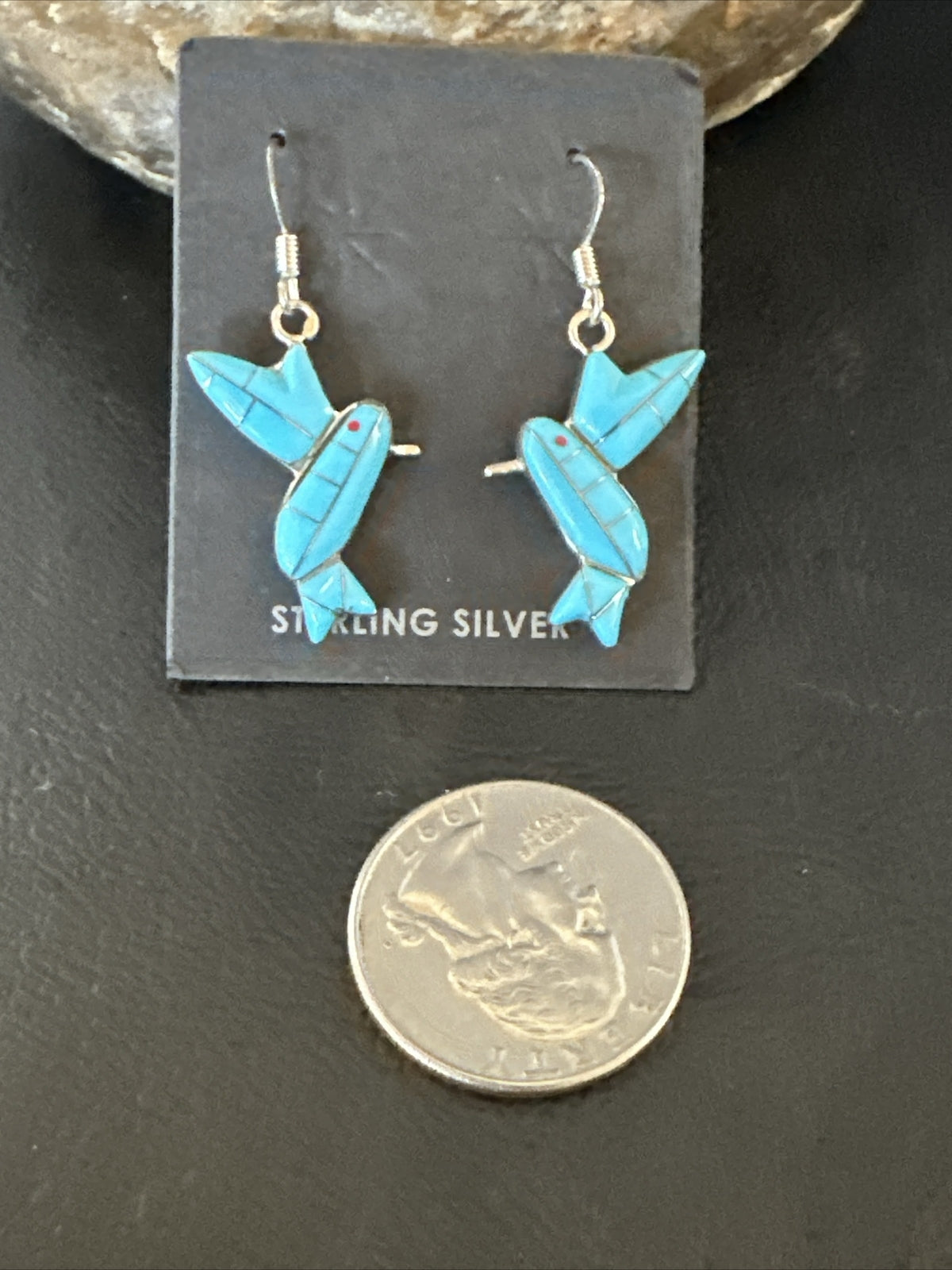 Blue Turquoise Navajo Sterling Silver Hummingbird Dangle Earrings 1424