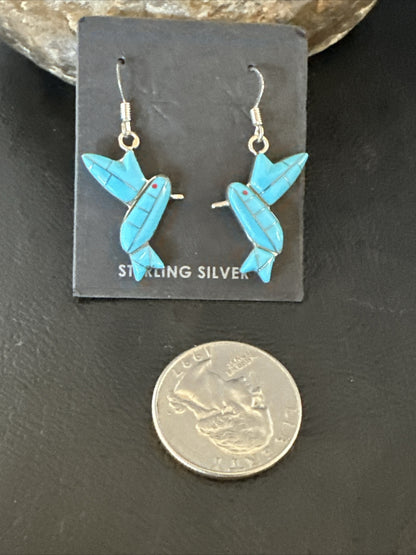 Blue Turquoise Navajo Sterling Silver Hummingbird Dangle Earrings 1424