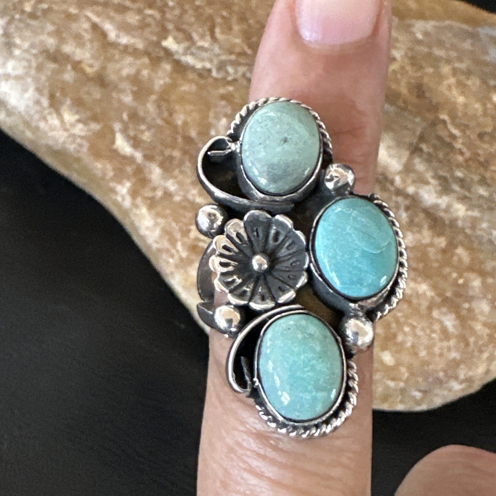 Yazzie Ring Green Turquoise Navajo Sterling Silver Cluster Size 8 19222
