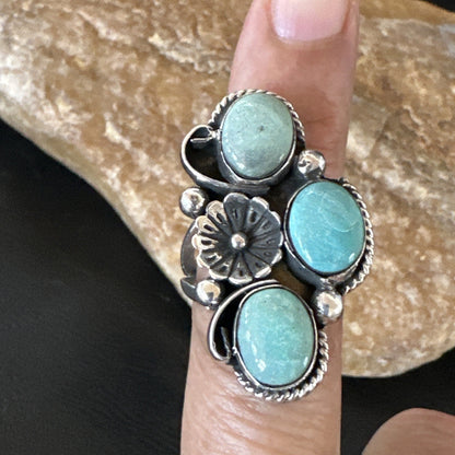 Yazzie Ring Green Turquoise Navajo Sterling Silver Cluster Size 8 19222