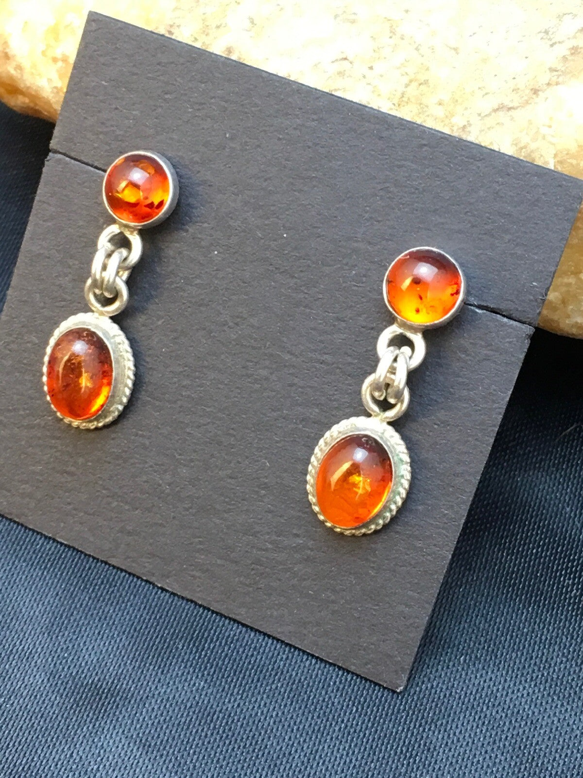 Native American Navajo Sterling Silver Gold Amber Dangle Earrings 13104