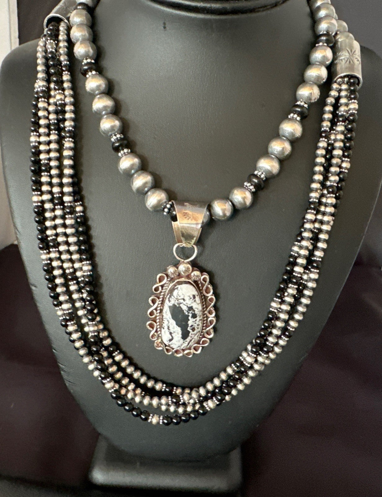 White Buffalo Black Onyx Sterling Silver Navajo Pearls Strand Necklace Set 19020
