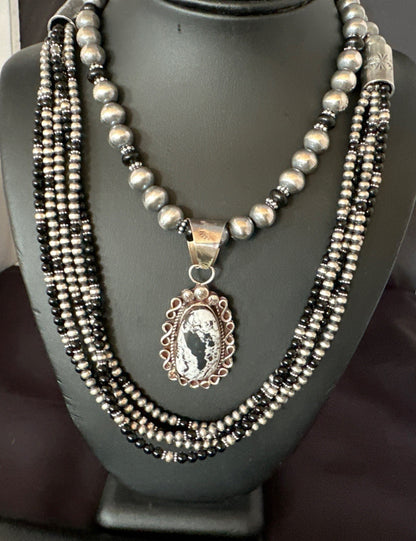 White Buffalo Black Onyx Sterling Silver Navajo Pearls Strand Necklace Set 19020