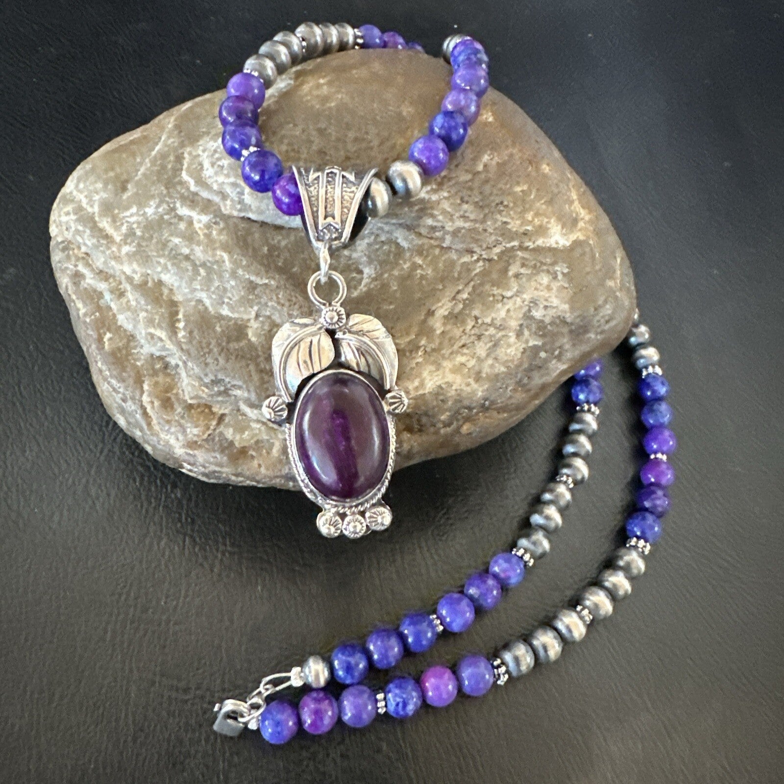 Purple Stone Pendant Navajo Pearls Sterling Silver Necklace 18387