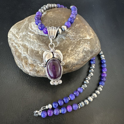 Purple Stone Pendant Navajo Pearls Sterling Silver Necklace 18387