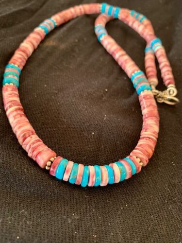 Navajo Turquoise & Spiny Oyster Necklace Sterling Silver 21" 4639