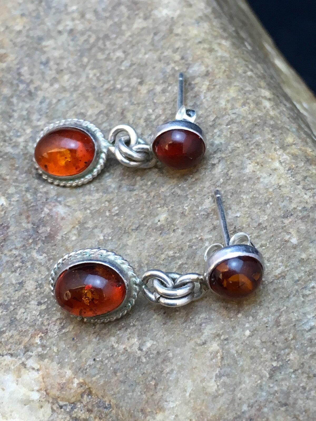 Native American Navajo Sterling Silver Gold Amber Dangle Earrings 13104
