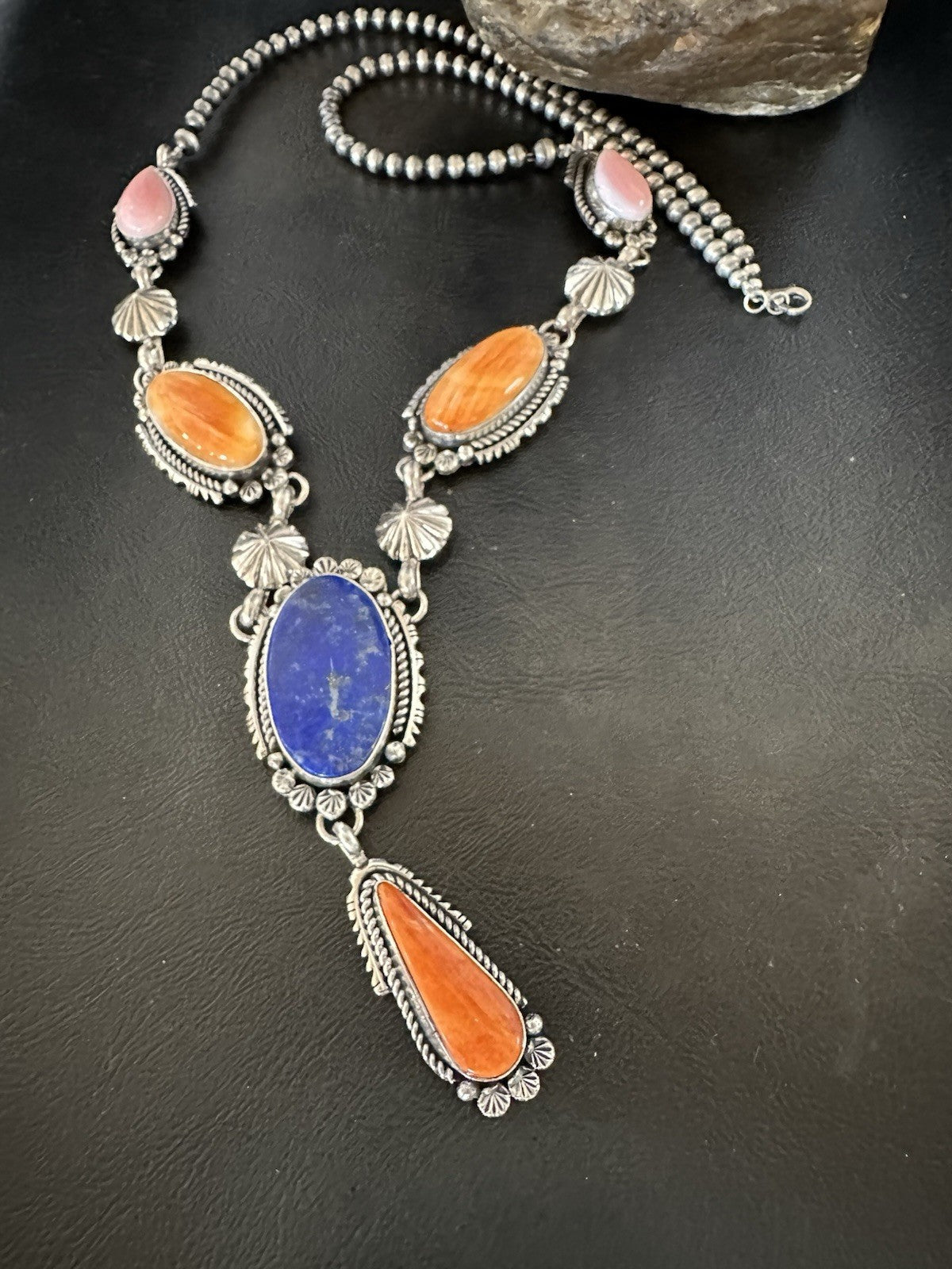 Multicolor Spiny Lapis Pendant Navajo Sterling Silver Lariat Necklace 28" 19438