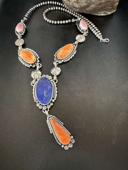 Multicolor Spiny Lapis Pendant Navajo Sterling Silver Lariat Necklace 28" 19438