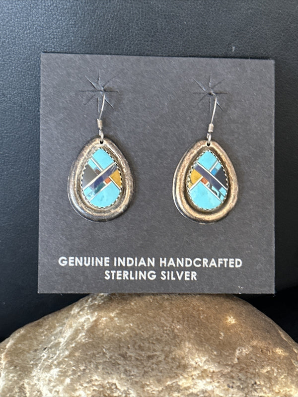 MultiColor Navajo Turquoise Spiny Oyster Inlay Earrings 1" | Sterling Silver | Authentic Native American Handmade | 14764