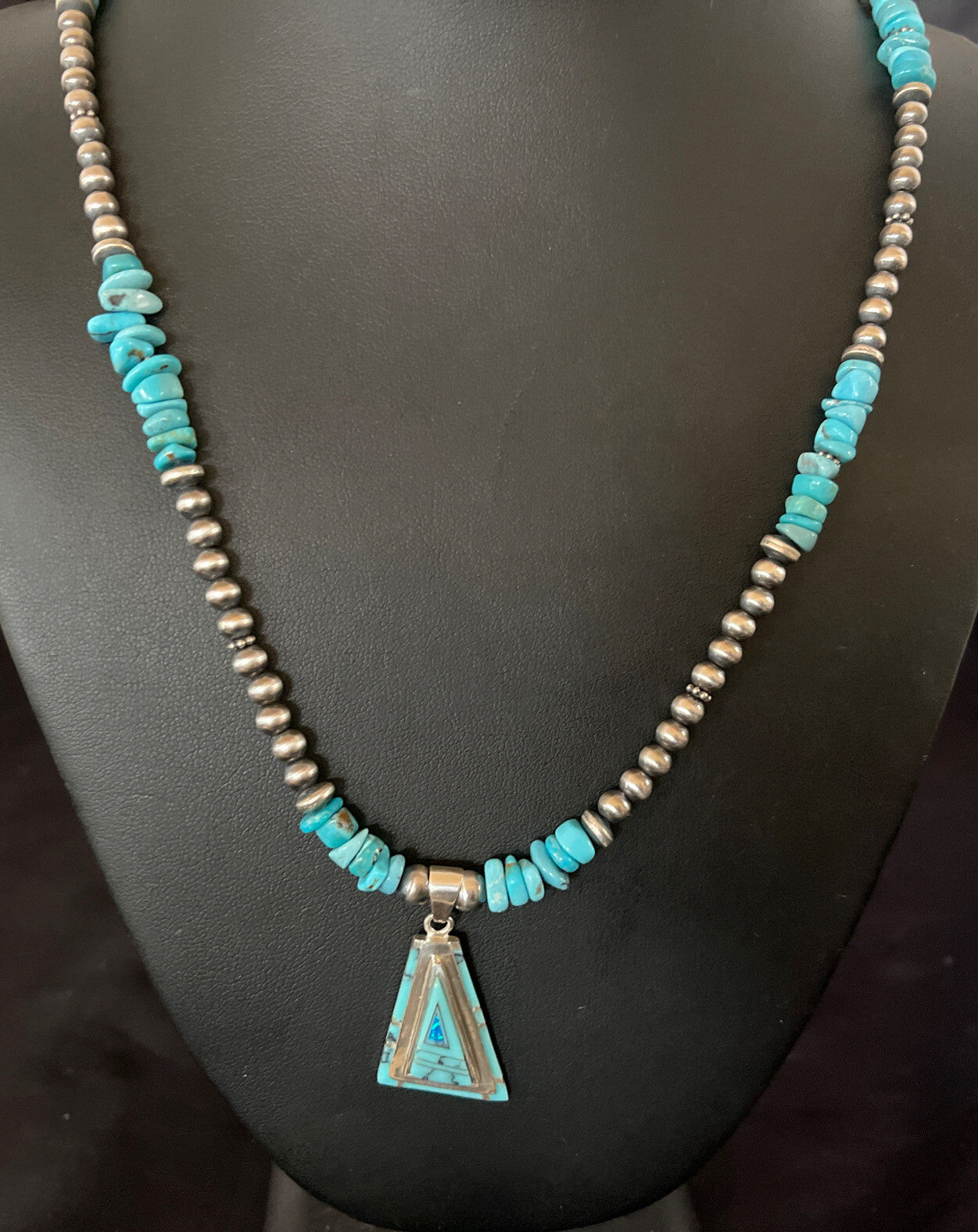 Turquoise & Opal Inlay Pendant Navajo Pearls Sterling Silver Necklace 11330