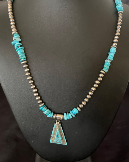 Turquoise & Opal Inlay Pendant Navajo Pearls Sterling Silver Necklace 11330