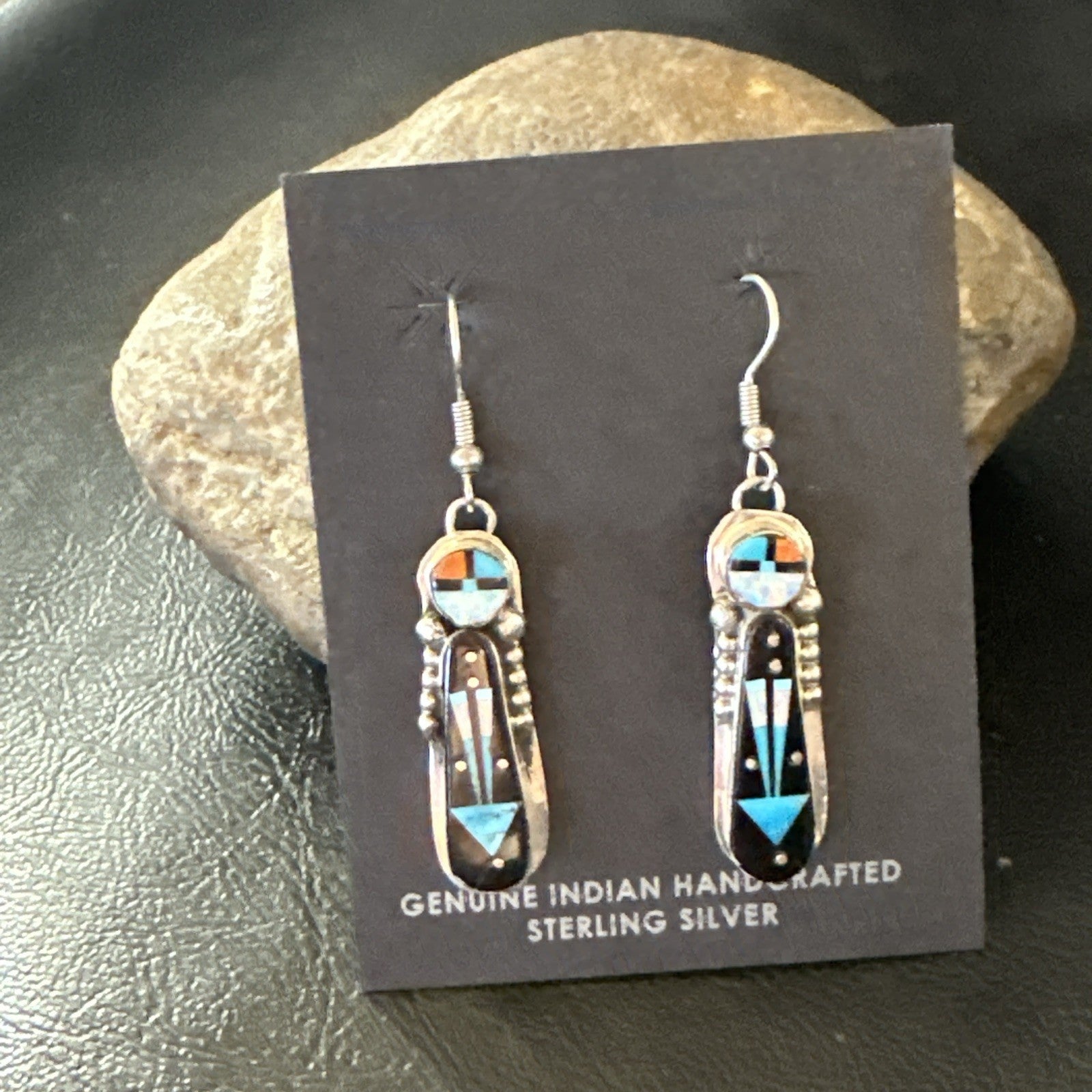 Navajo Onyx Opal Turquoise Inlay Earrings Sterling Silver Handmade 19773
