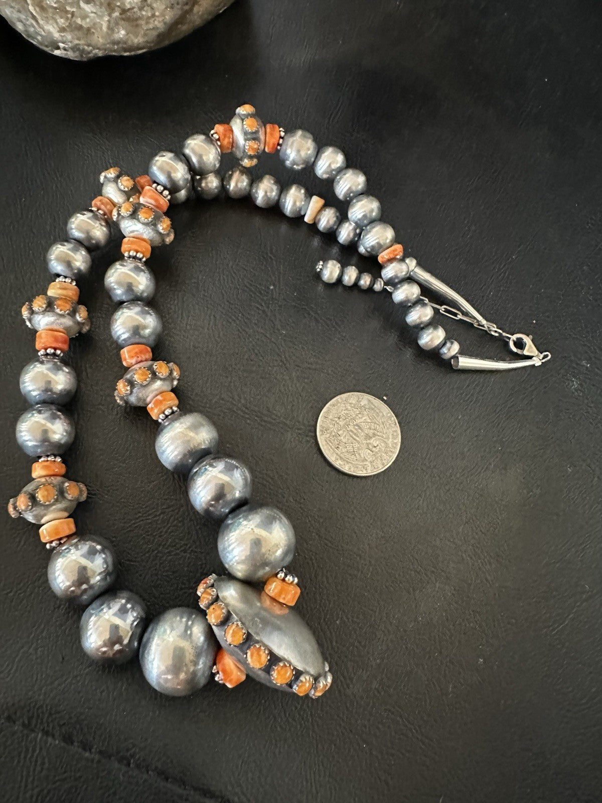 Orange Spiny Oyster Navajo Pearls Graduated Sterling Silver Necklace 23” 19446