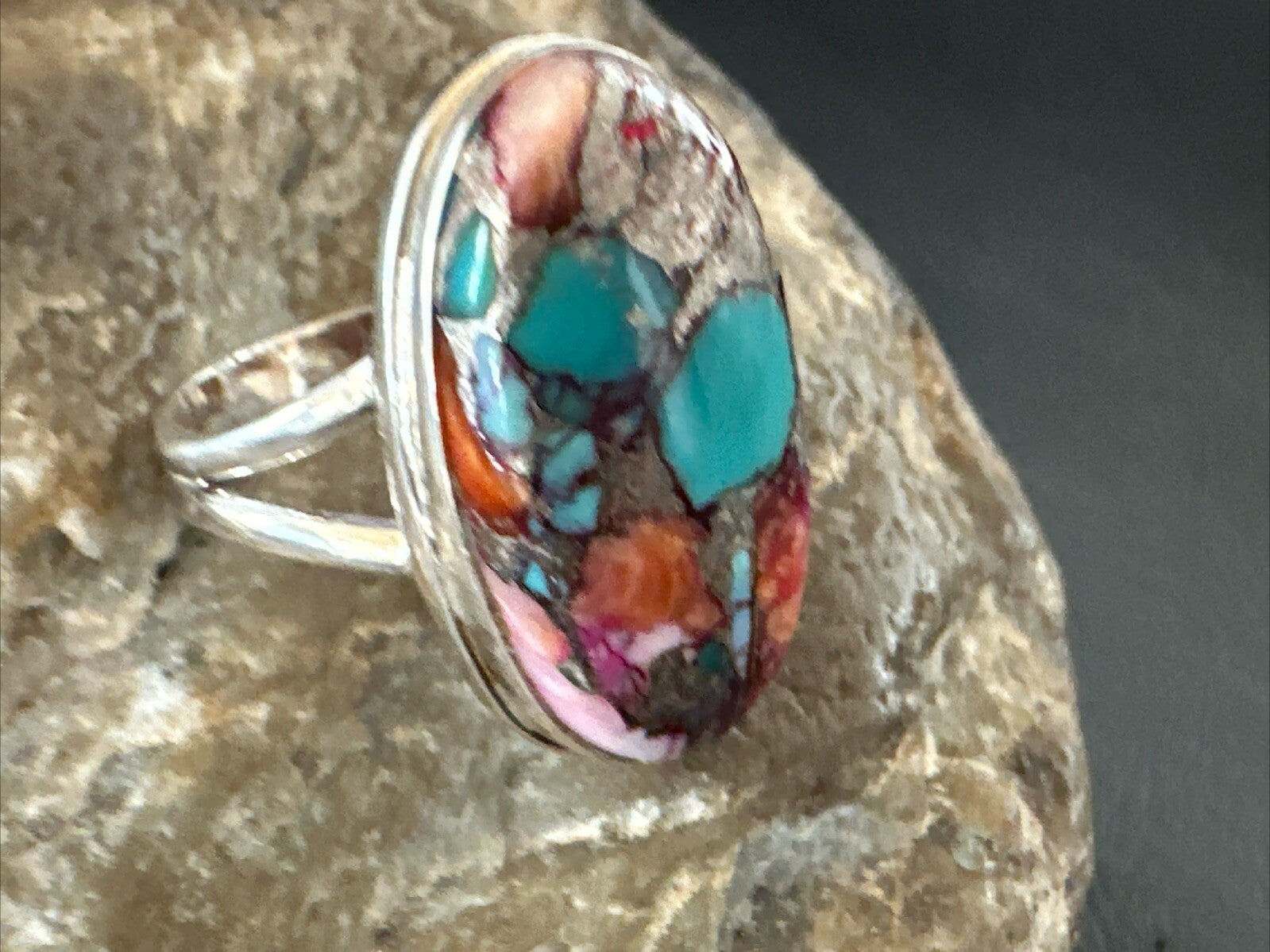 Blue Turquoise Purple Spiny Oyster Navajo Sterling Silver Ring Size 10 18206