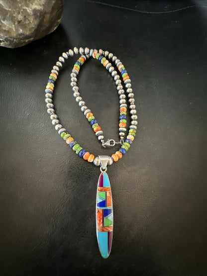 Turquoise Spiny Oyster Inlay Pendant Navajo Sterling Silver Necklace 21" 18822
