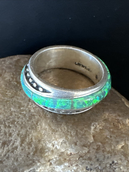 Green Opal Navajo Sterling Silver Band Inlay Ring Size 7 18809