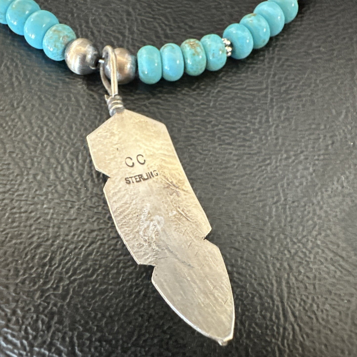 Mens Feather Turquoise Pendant Navajo Sterling Silver Necklace 18060