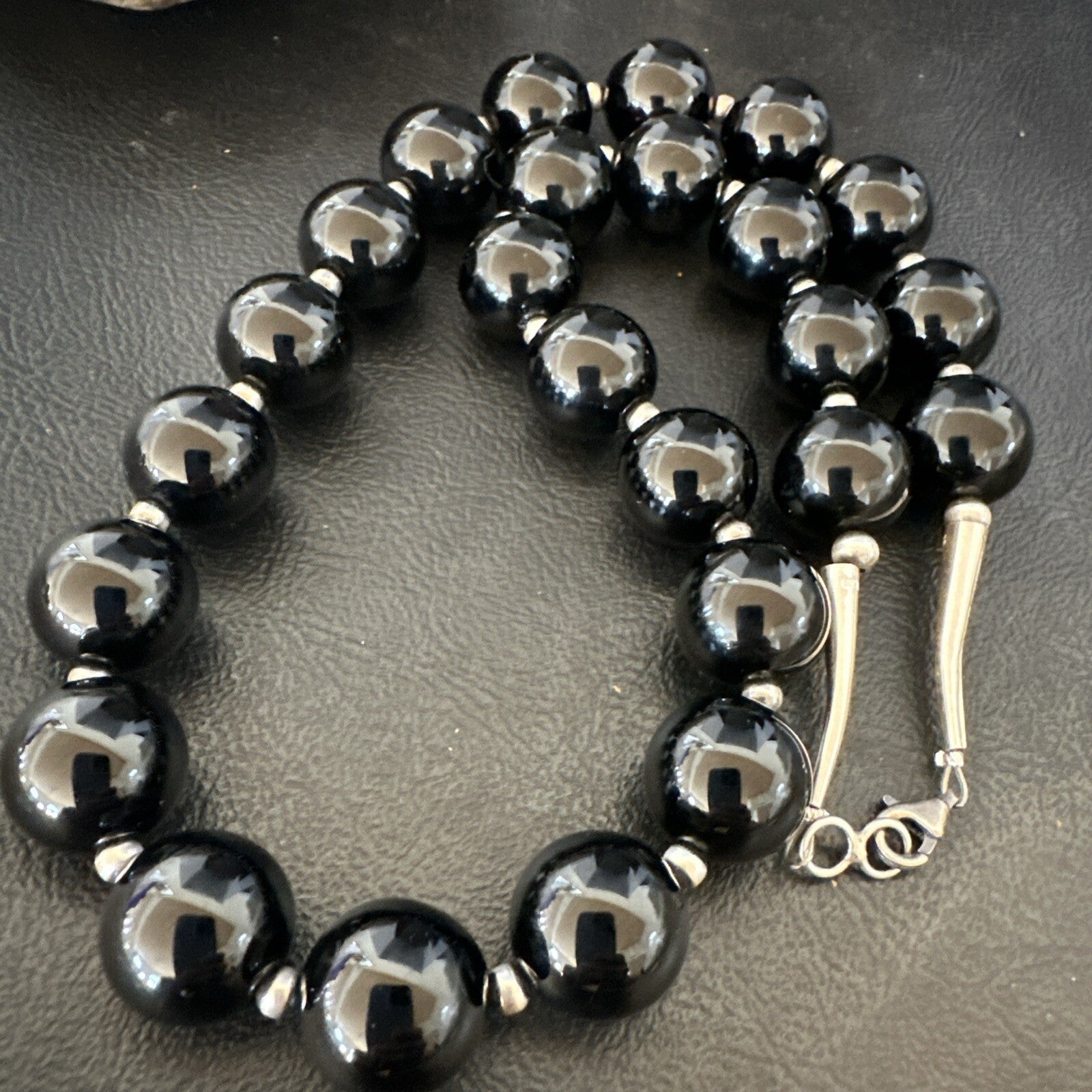 Black Onyx 16mm Large Bead Navajo Sterling Silver Necklace 20” 18787