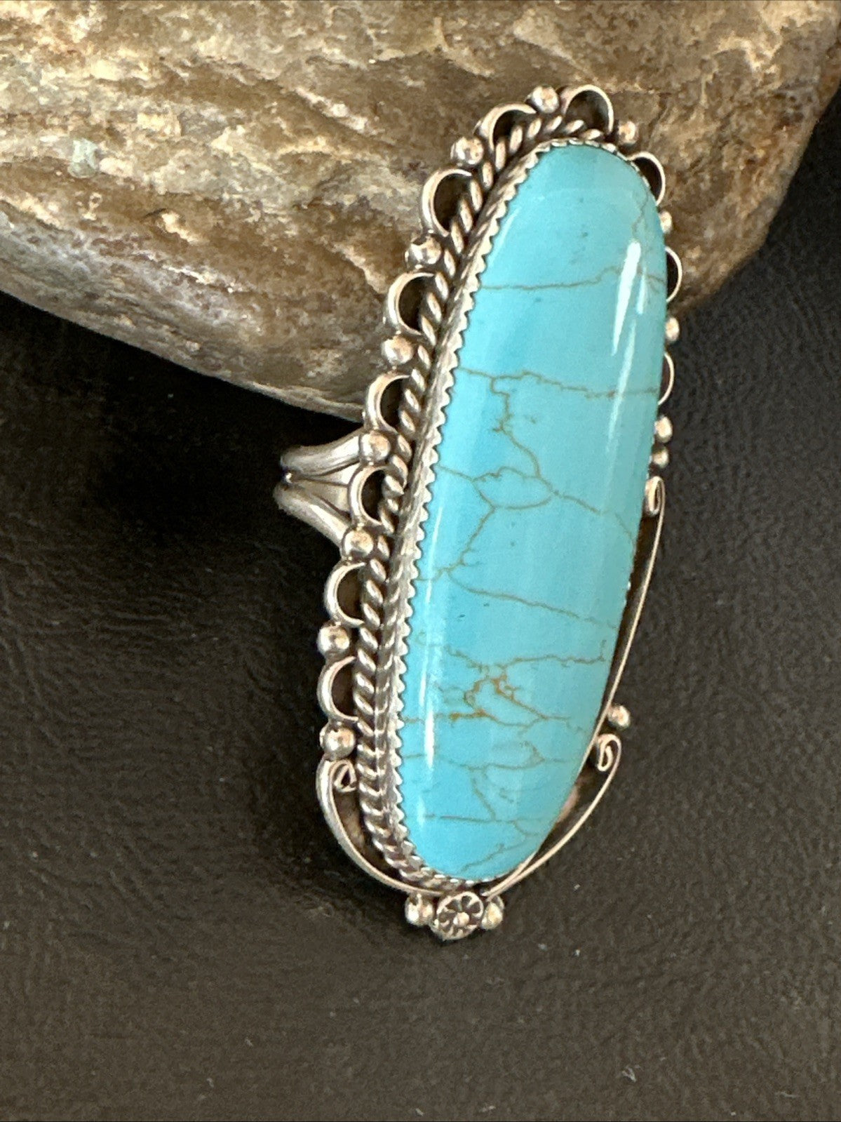 XL Blue Turquoise Navajo Sterling Silver Ring Size 10 19780