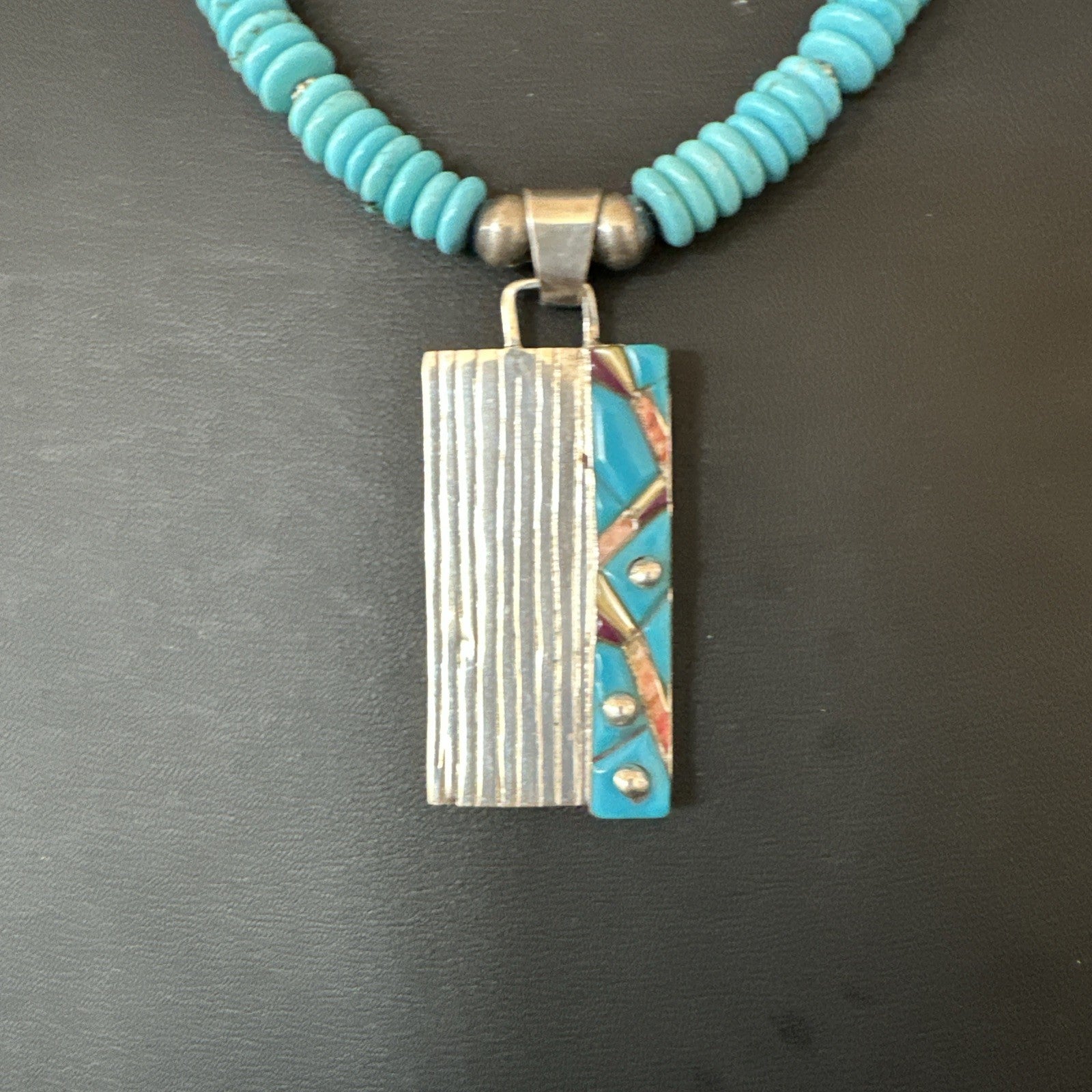 Blue Turquoise Inlay Pendant Navajo Sterling Silver Necklace 20" 19711