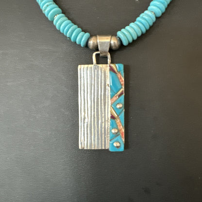 Blue Turquoise Inlay Pendant Navajo Sterling Silver Necklace 20" 19711