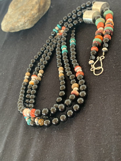 Turquoise Onyx Spiny Picture Jasper Navajo Sterling Silver Necklace 00380