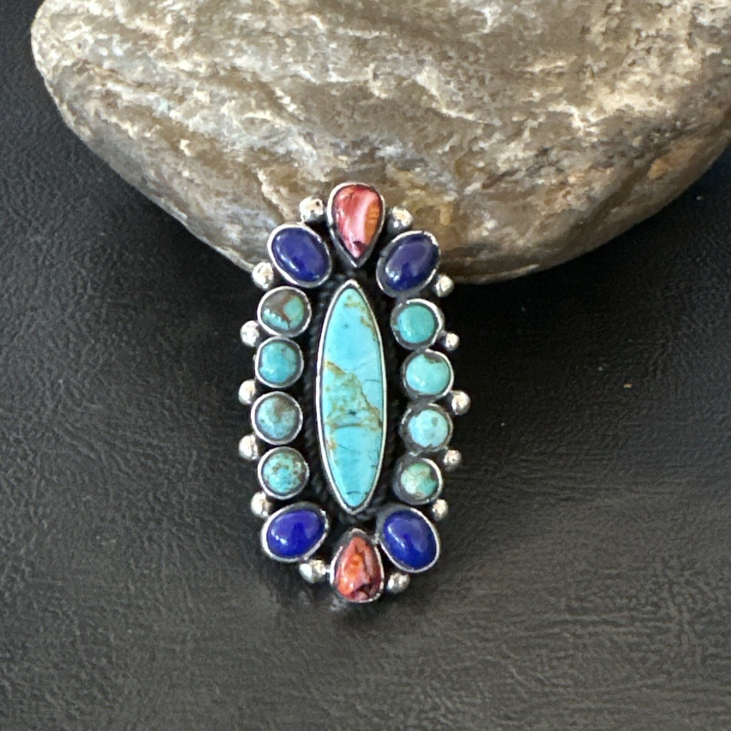Cluster Blue Turquoise Spiny Oyster Lapis Sterling Silver Ring Size 6.5 18566