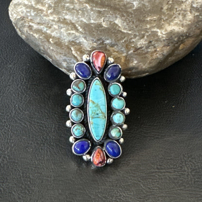 Cluster Blue Turquoise Spiny Oyster Lapis Sterling Silver Ring Size 6.5 18566