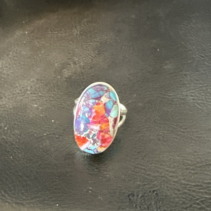 Blue Turquoise Spiny Oyster Southwestern Sterling Silver Ring Size 8 18482