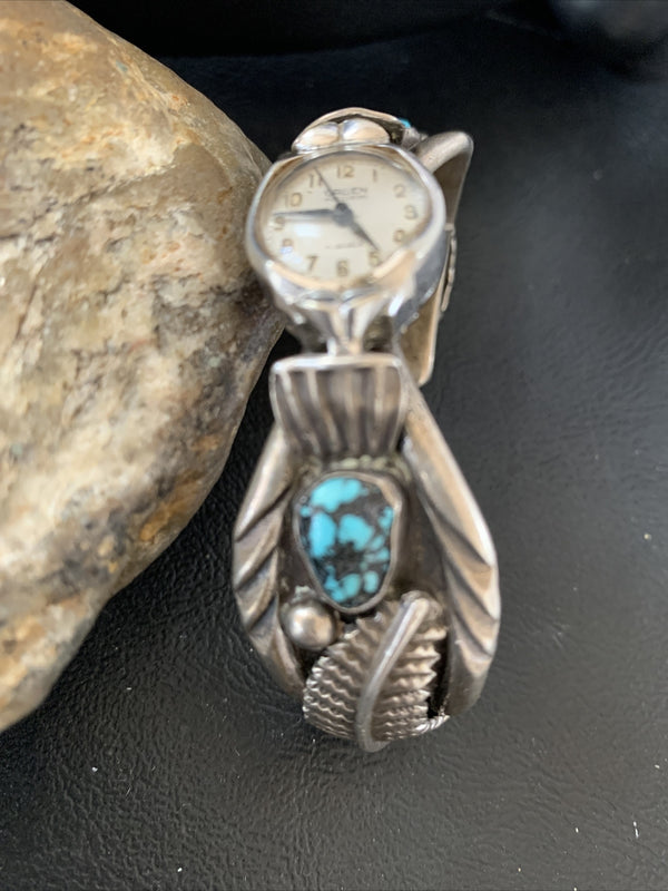 Blue Kingman Turquoise Inlay Navajo Old Pawn Watch Tips | Sterling Silver | Authentic Native American Handmade | 01442