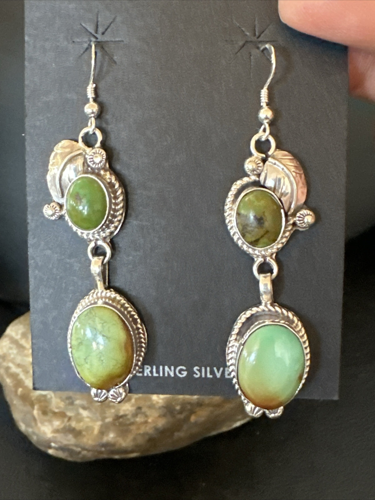 Native Navajo Green Turquoise Sterling Silver Dangle Earrings 2” 17700