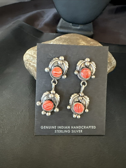 Red Spiny Oyster Pearl Navajo Sterling Silver Dangle Earrings 2062