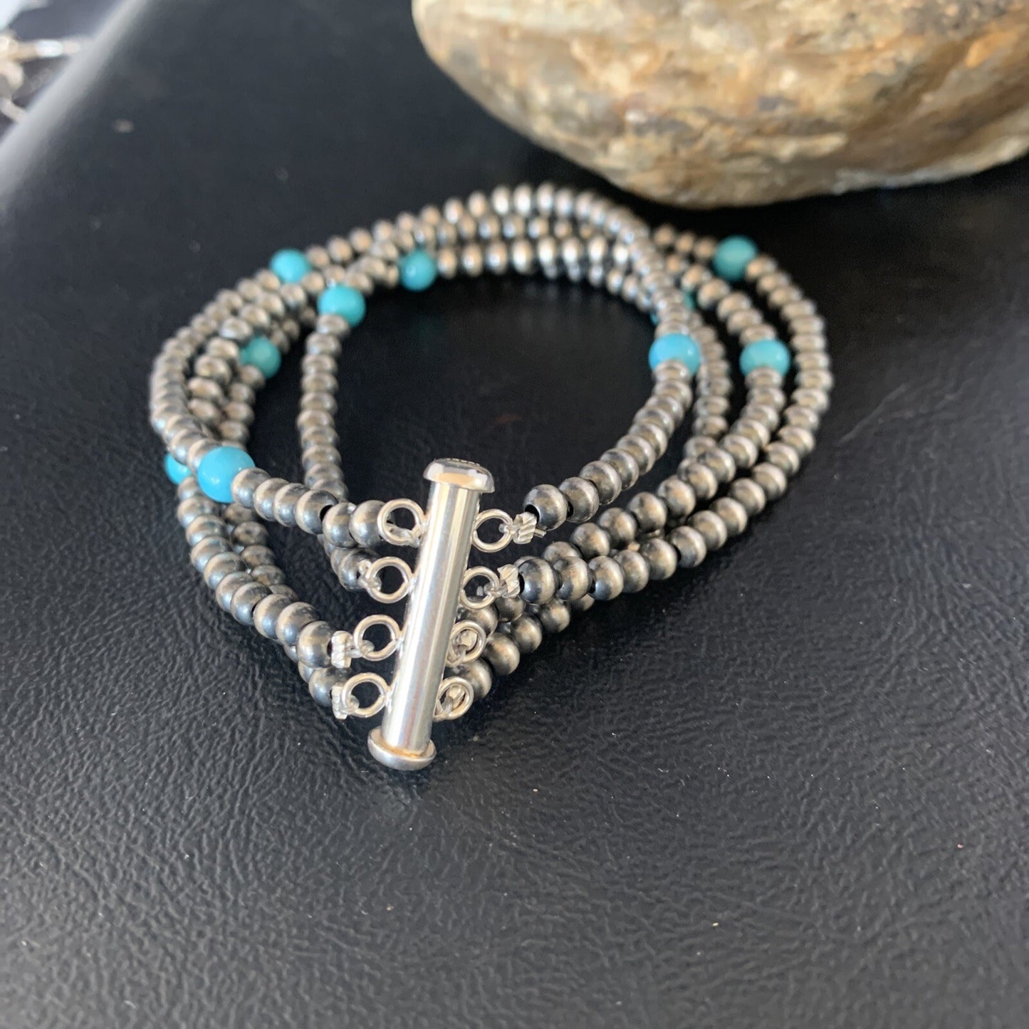 Native Navajo Sterling Silver Beads Blue Turquoise Bracelet 4 Strands 13587