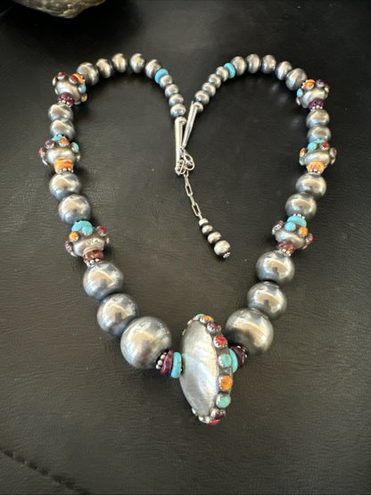 Multicolor Spiny Navajo Pearls Turquoise Sterling Silver Necklace 23” 19447